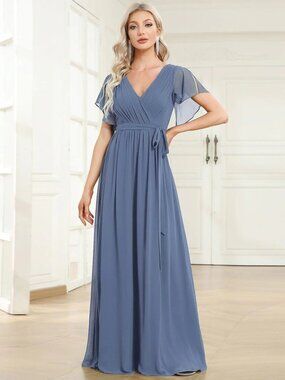Ever Pretty LEORA Dusty Blue Flowy Pleated A-Line Chiffon Tie-Waist Dress